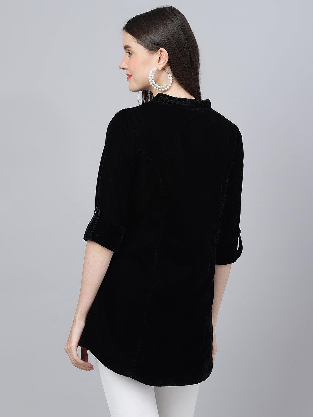 Divena Black Solid Velvet A-line Shirts Style Top - divena world-Mohi