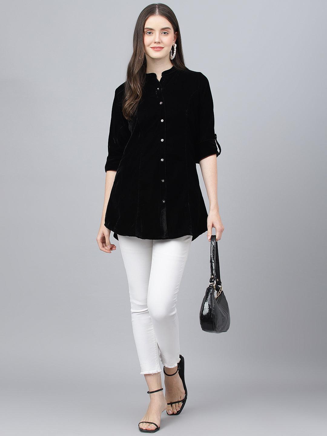 Divena Black Solid Velvet A-line Shirts Style Top - divena world-Mohi