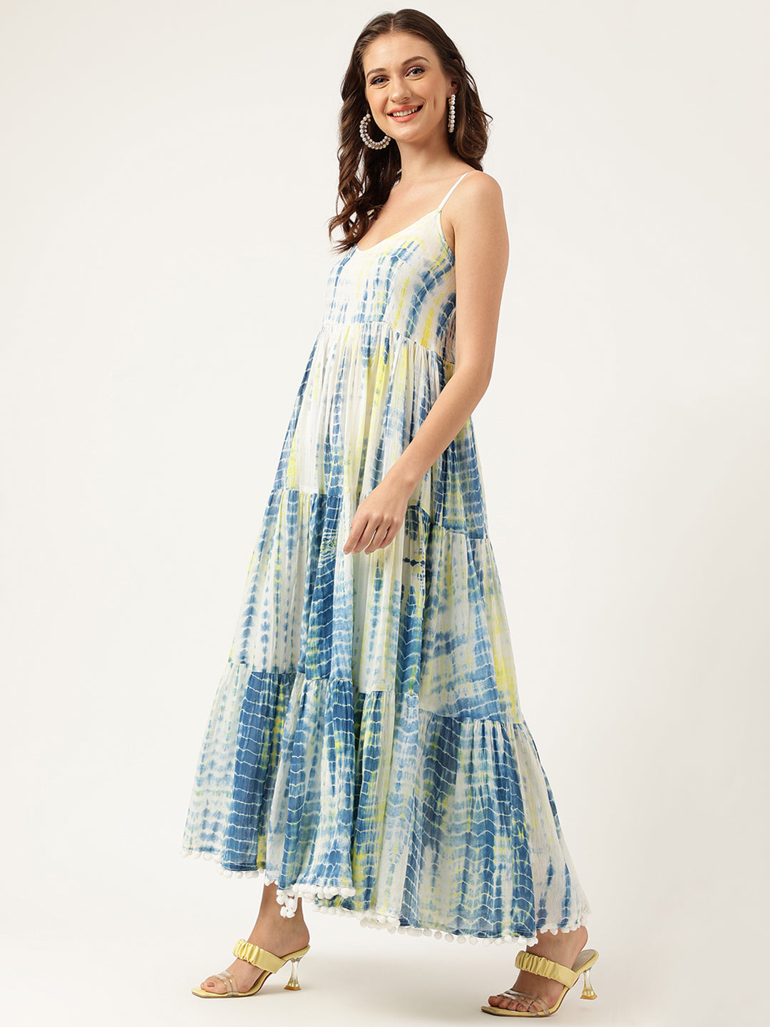 Blue Tie and Dye Dyed with Pom-Pom Detail Maxi Dress