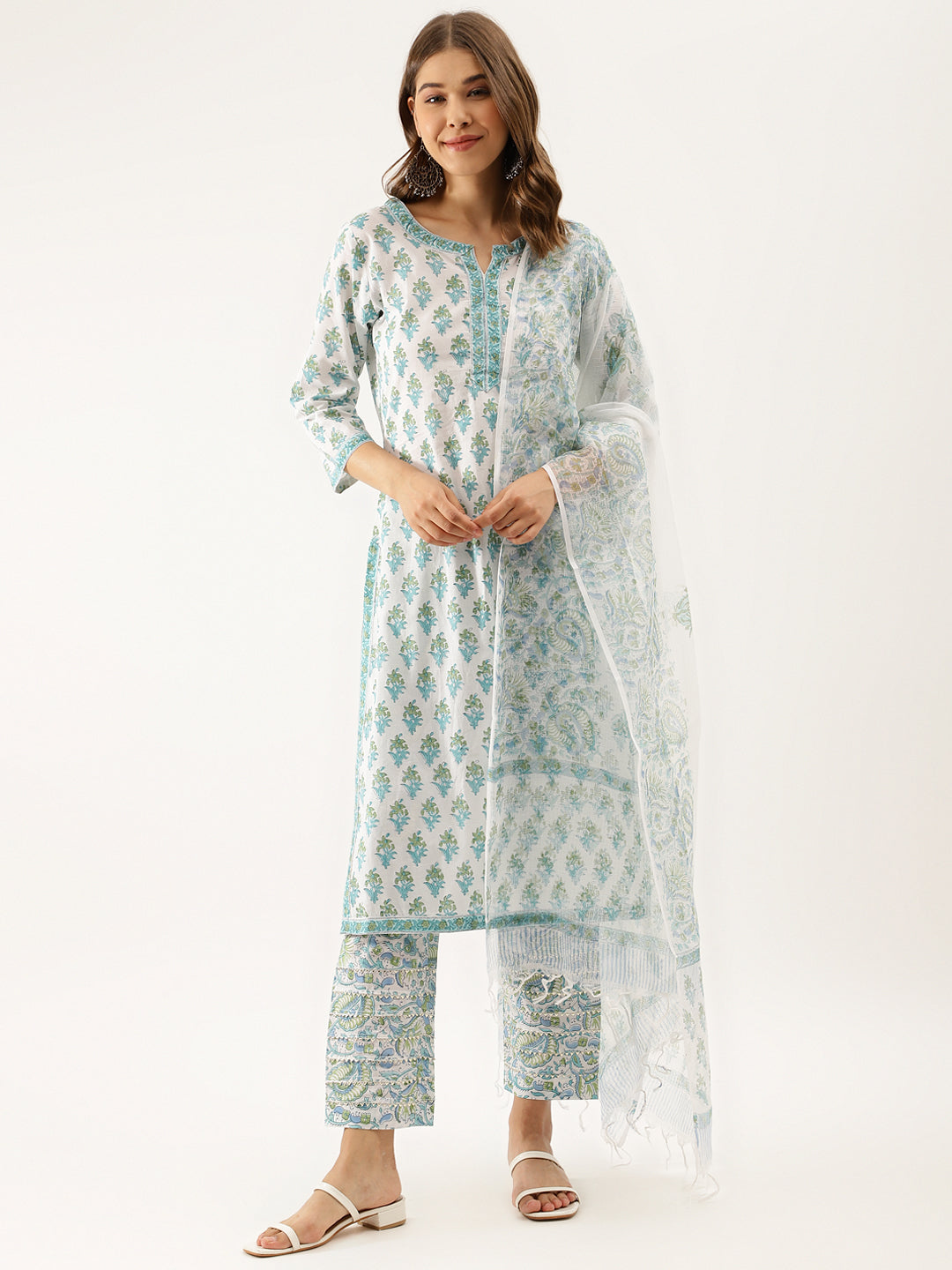 White Sea blue Handblock Floral Printed Cotton Kurta Set with Kota Doria Dupatta