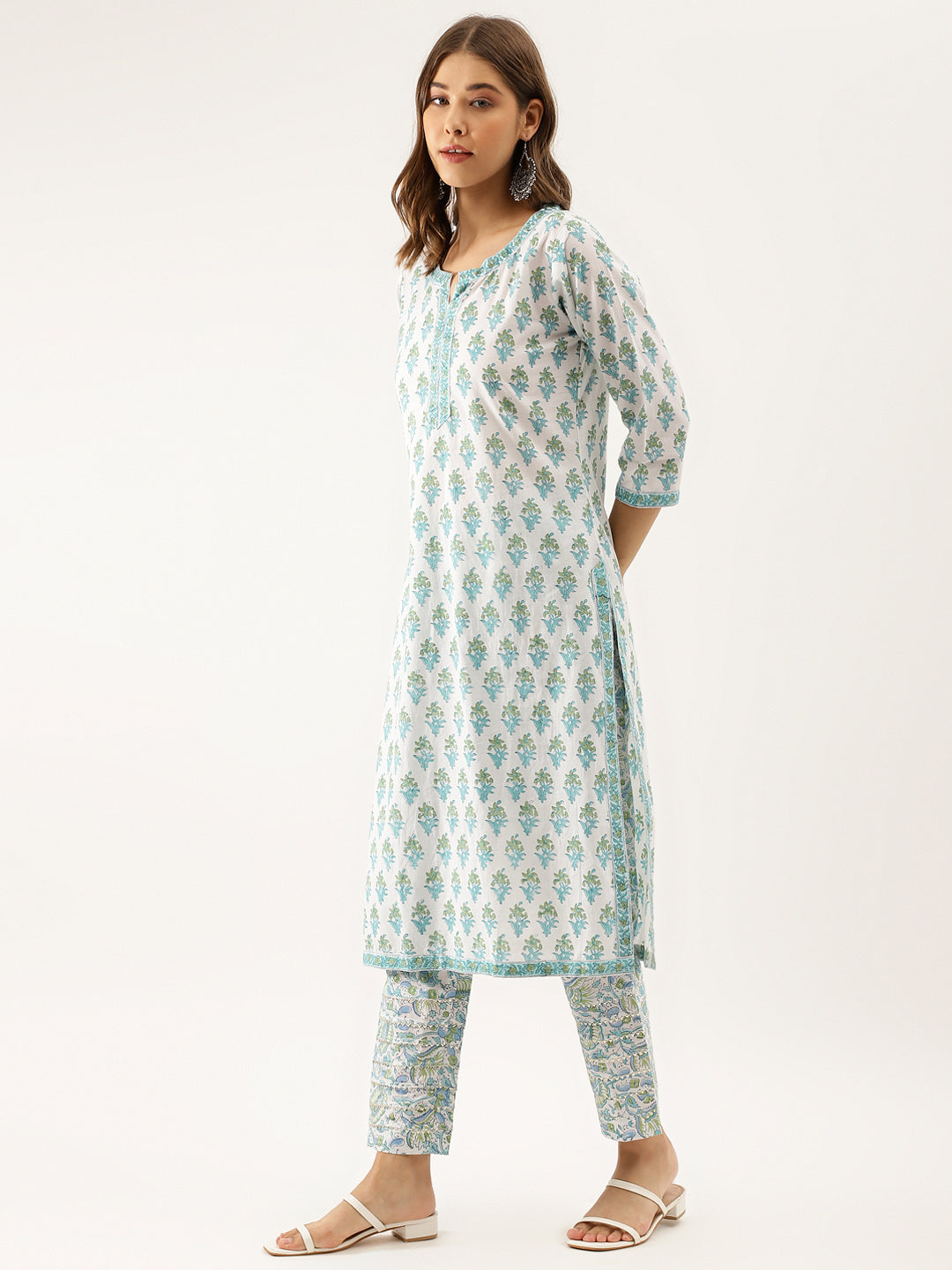 White Sea blue Handblock Floral Printed Cotton Kurta Set with Kota Doria Dupatta