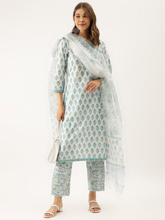 White Sea blue Handblock Floral Printed Cotton Kurta Set with Kota Doria Dupatta