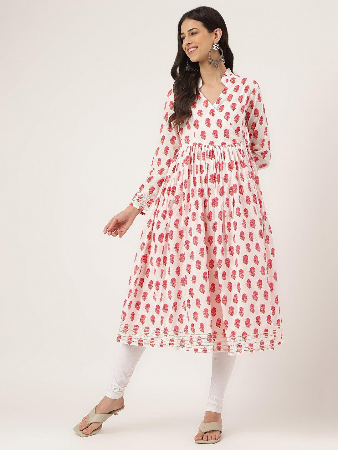 Divena White and Red Floral Printed Angarakha Kurta - divena world-Mohi