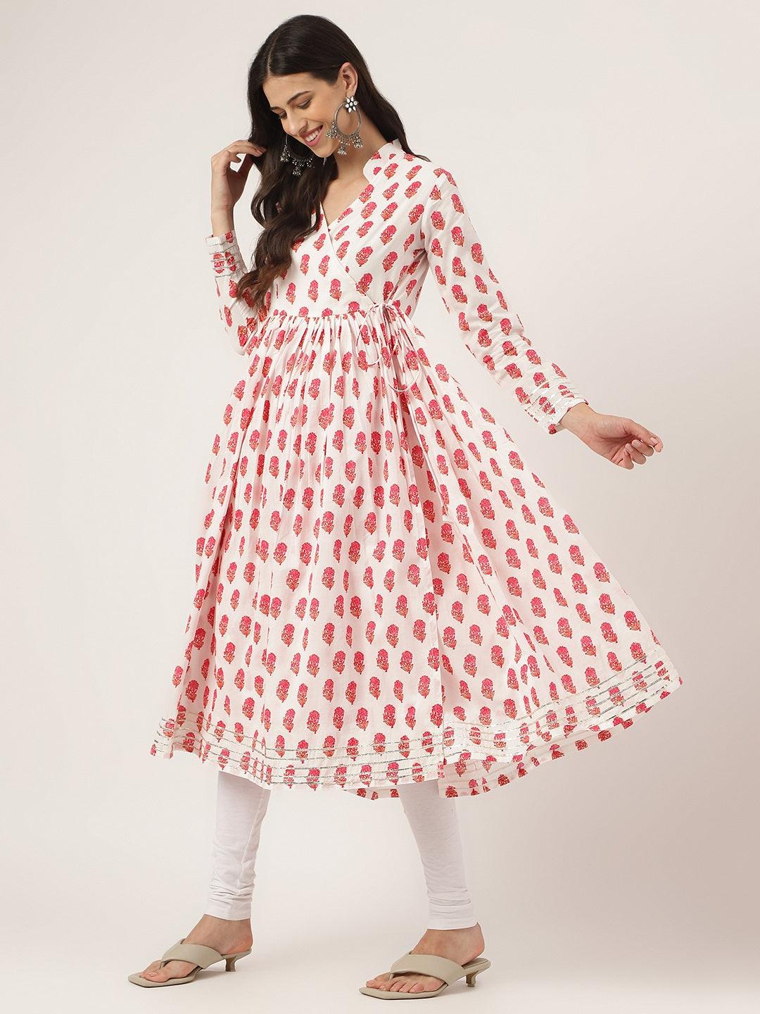 Divena White and Red Floral Printed Angarakha Kurta - divena world-Mohi