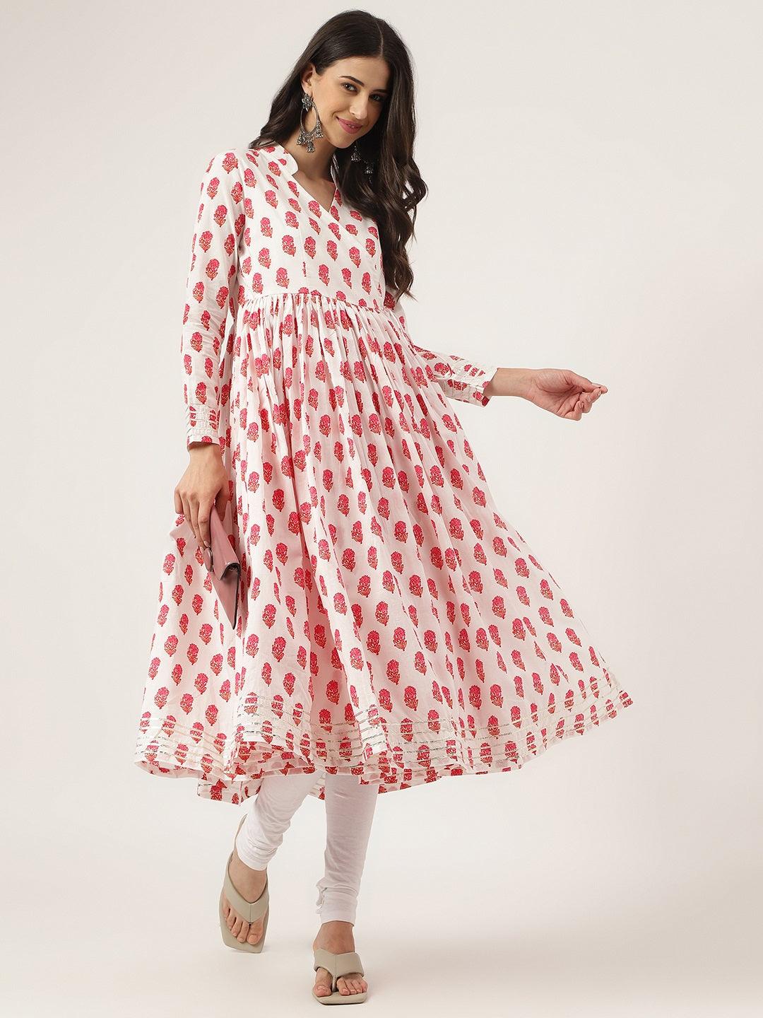 Divena White and Red Floral Printed Angarakha Kurta - divena world-Mohi