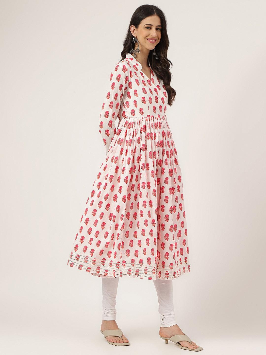 Divena White and Red Floral Printed Angarakha Kurta - divena world-Mohi