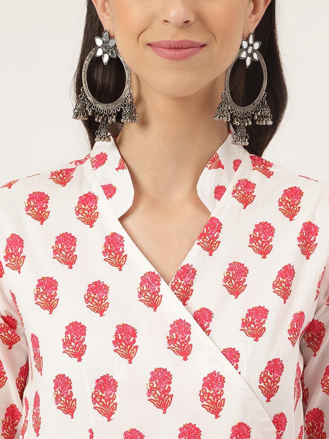 Divena White and Red Floral Printed Angarakha Kurta - divena world-Mohi