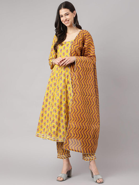 Divena Yellow Cotton Anarkali Kurta Pant Set with Dupatta - divena world-Mohi