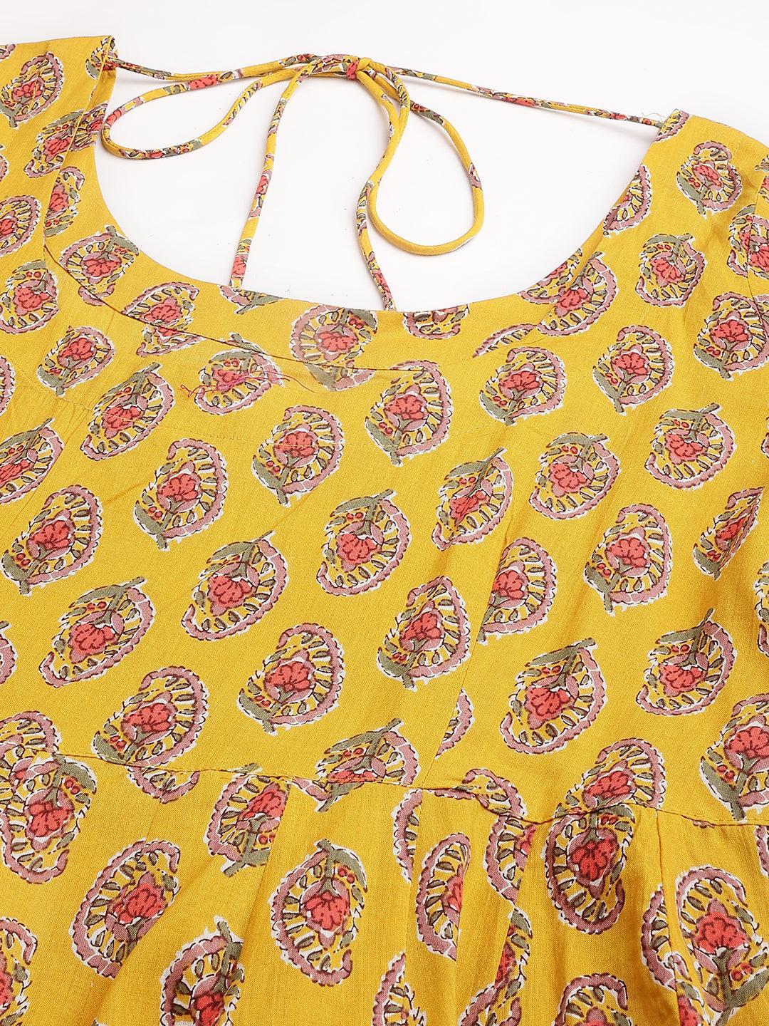 Divena Yellow Cotton Anarkali Kurta Pant Set with Dupatta - divena world-Mohi