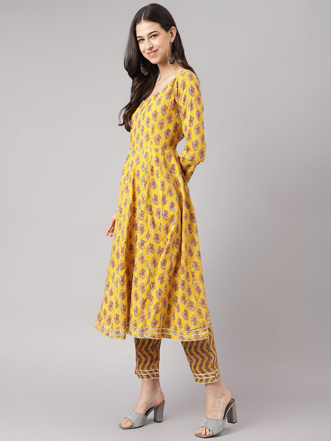 Divena Yellow Cotton Anarkali Kurta Pant Set with Dupatta - divena world-Mohi