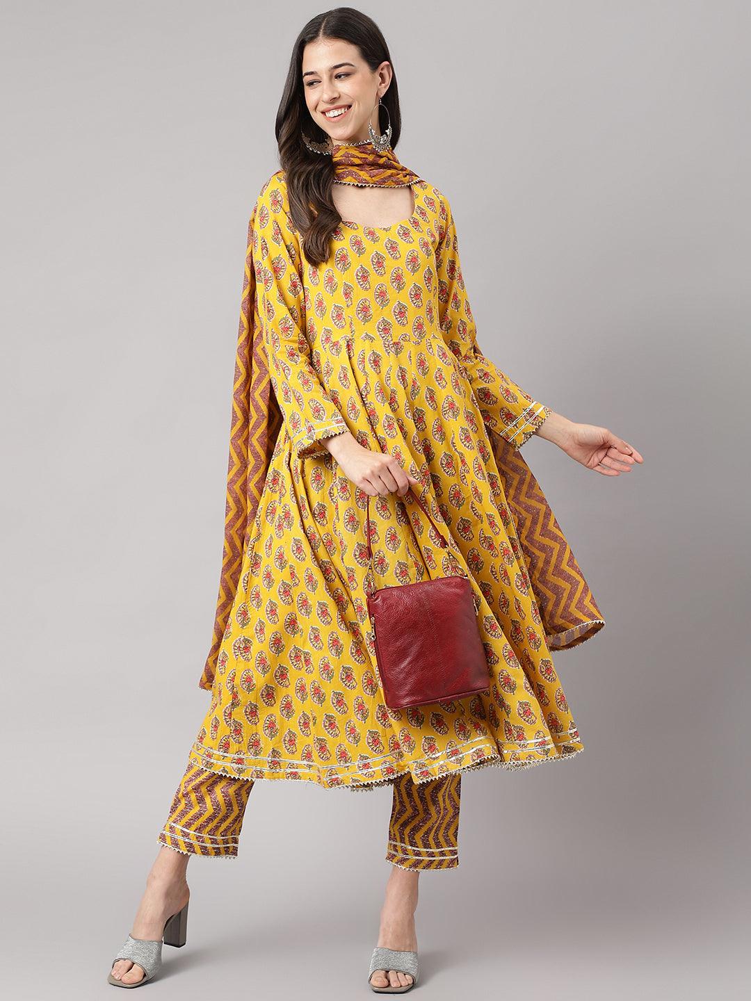 Divena Yellow Cotton Anarkali Kurta Pant Set with Dupatta - divena world-Mohi