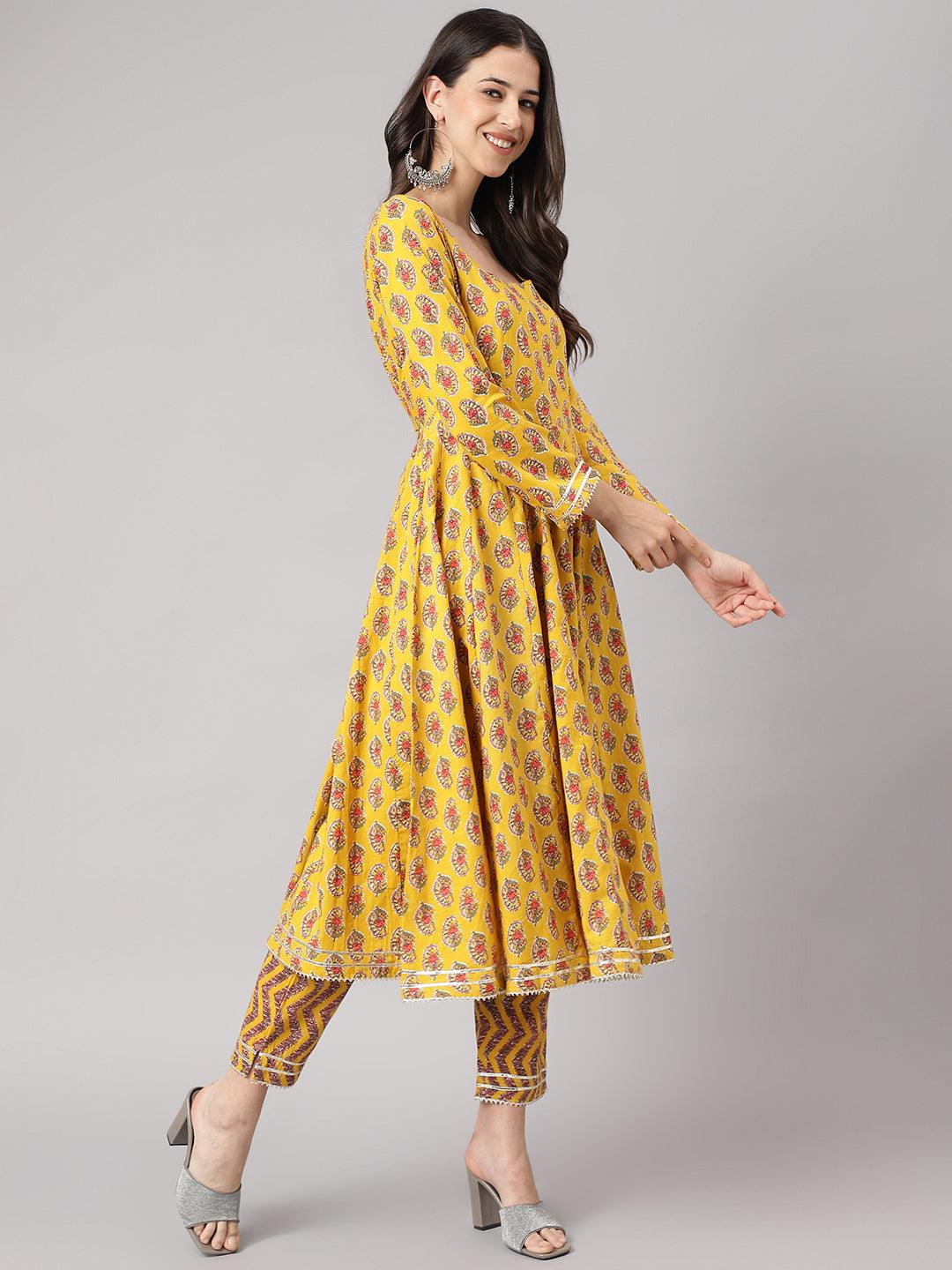 Divena Yellow Cotton Anarkali Kurta Pant Set with Dupatta - divena world-Mohi