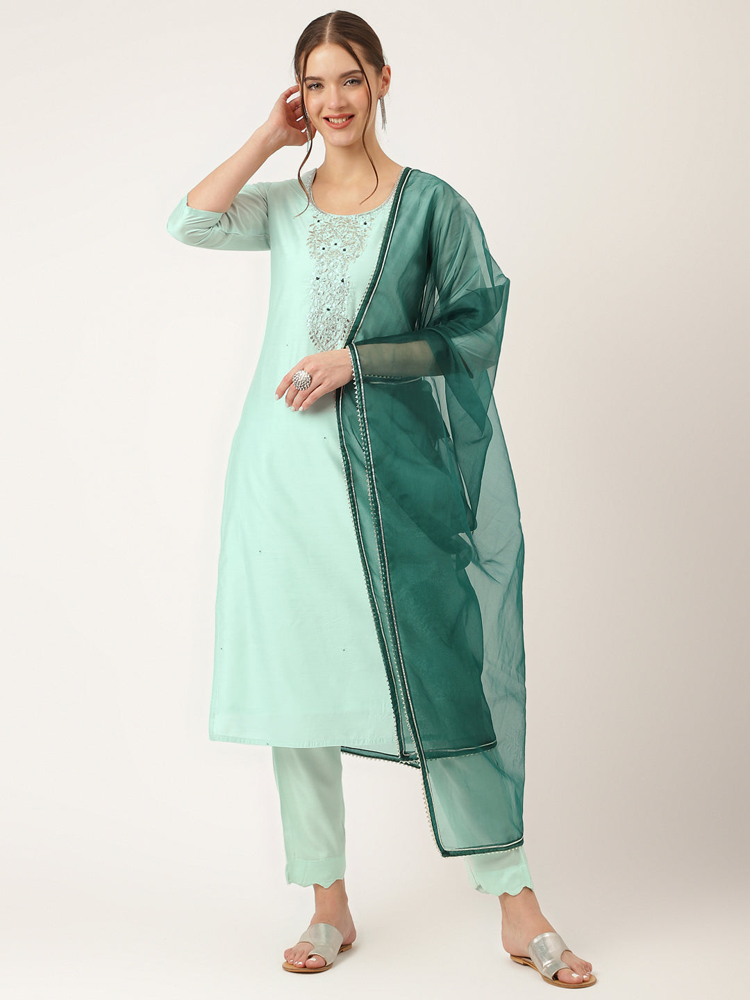 Sea Green Embroidered Chanderi  Kurta, Trouser With Dupatta