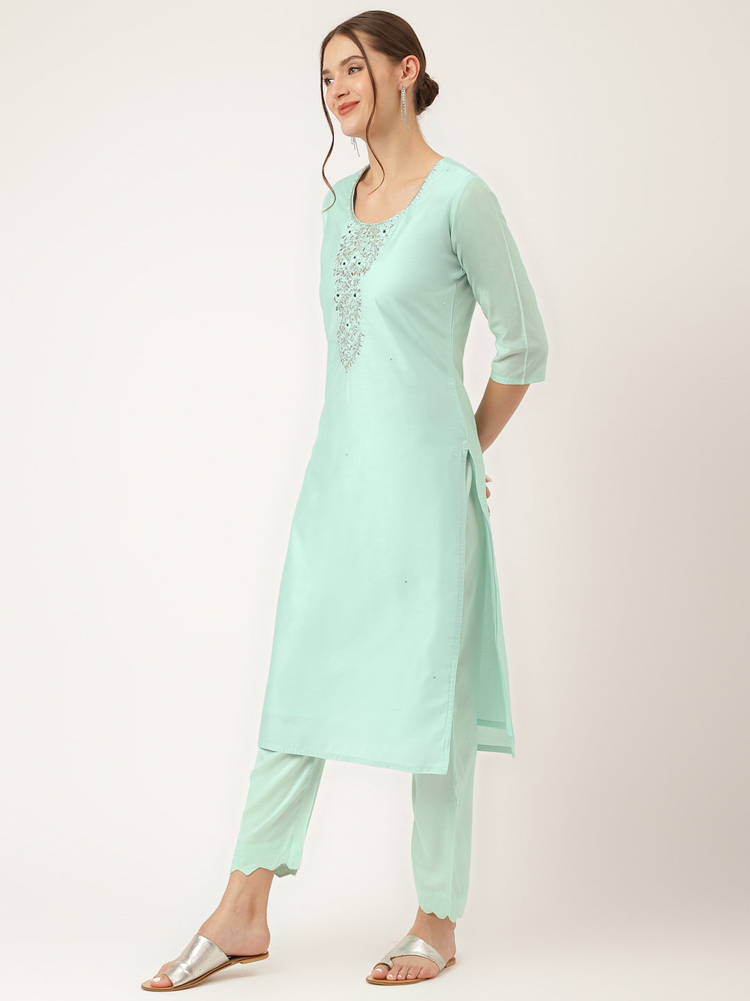 Sea Green Embroidered Chanderi  Kurta, Trouser With Dupatta