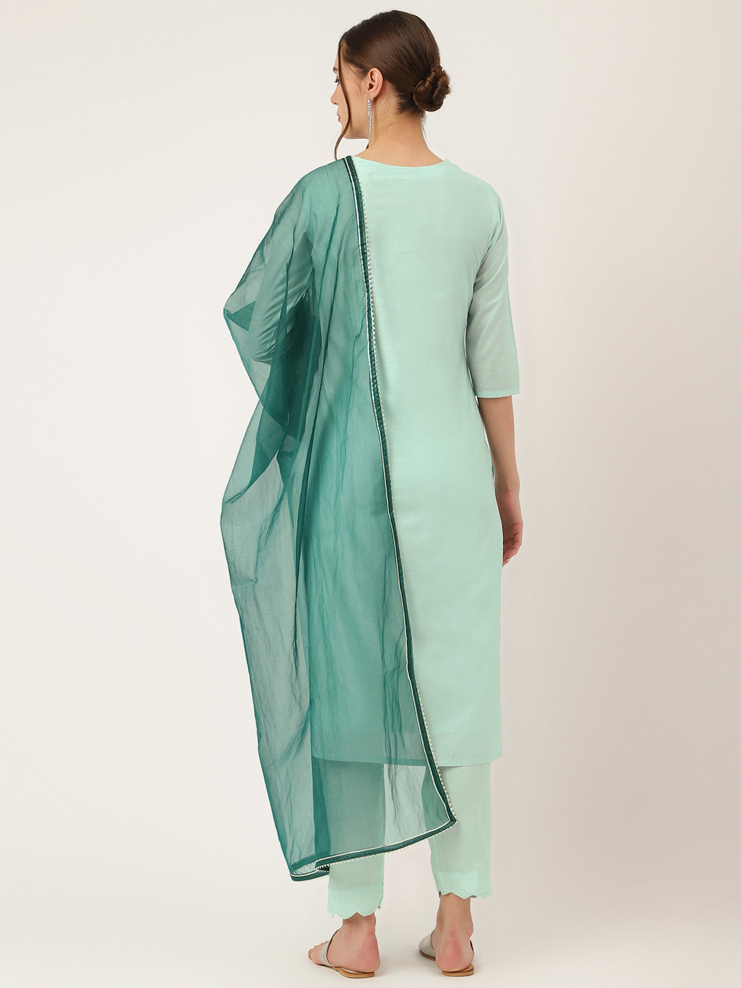 Sea Green Embroidered Chanderi  Kurta, Trouser With Dupatta