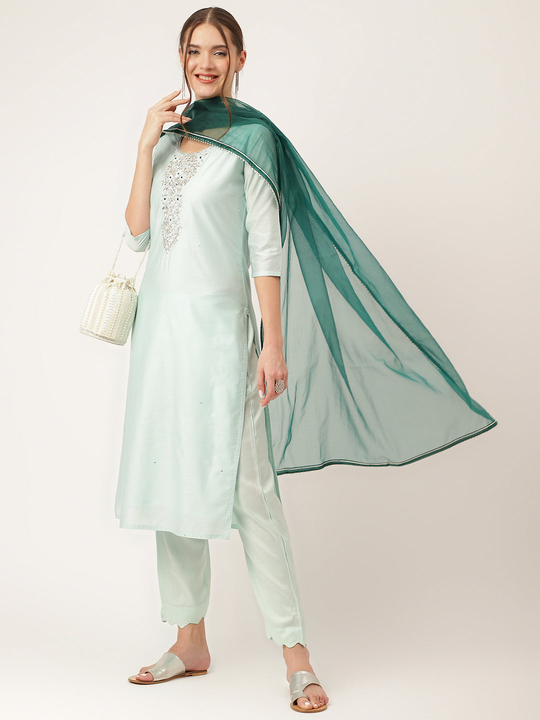 Sea Green Embroidered Chanderi  Kurta, Trouser With Dupatta