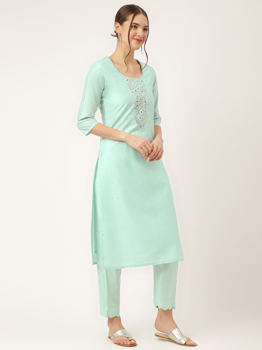 Sea Green Embroidered Chanderi  Kurta, Trouser With Dupatta