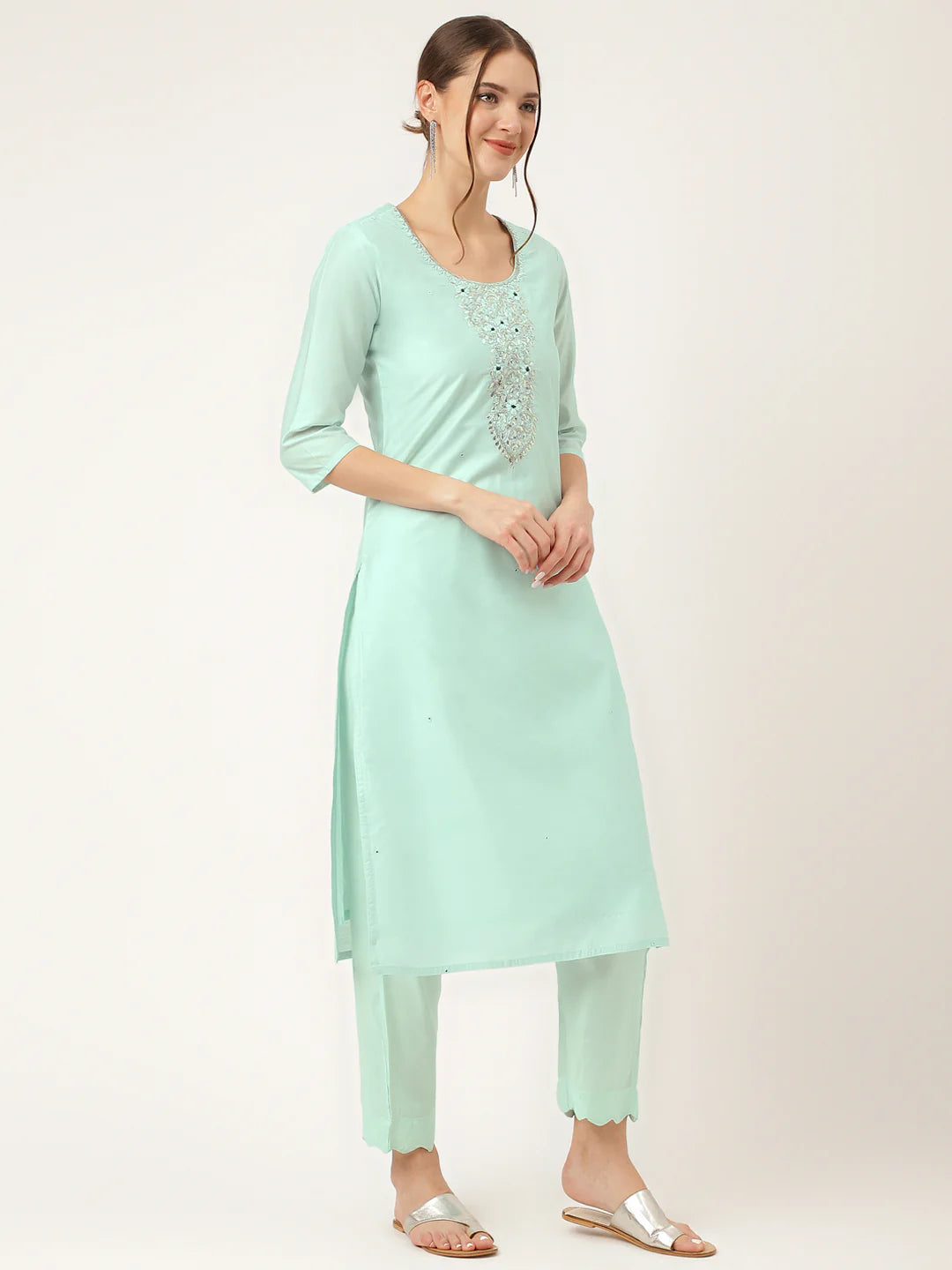  Sea Green Embroidered Chanderi Kurta With Dupatta