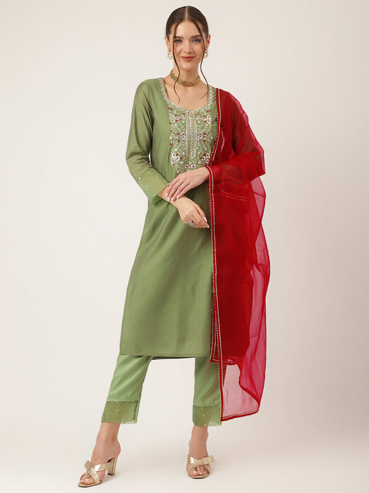 Green Embroidered  Chanderi  Kurta, Trouser With Dupatta