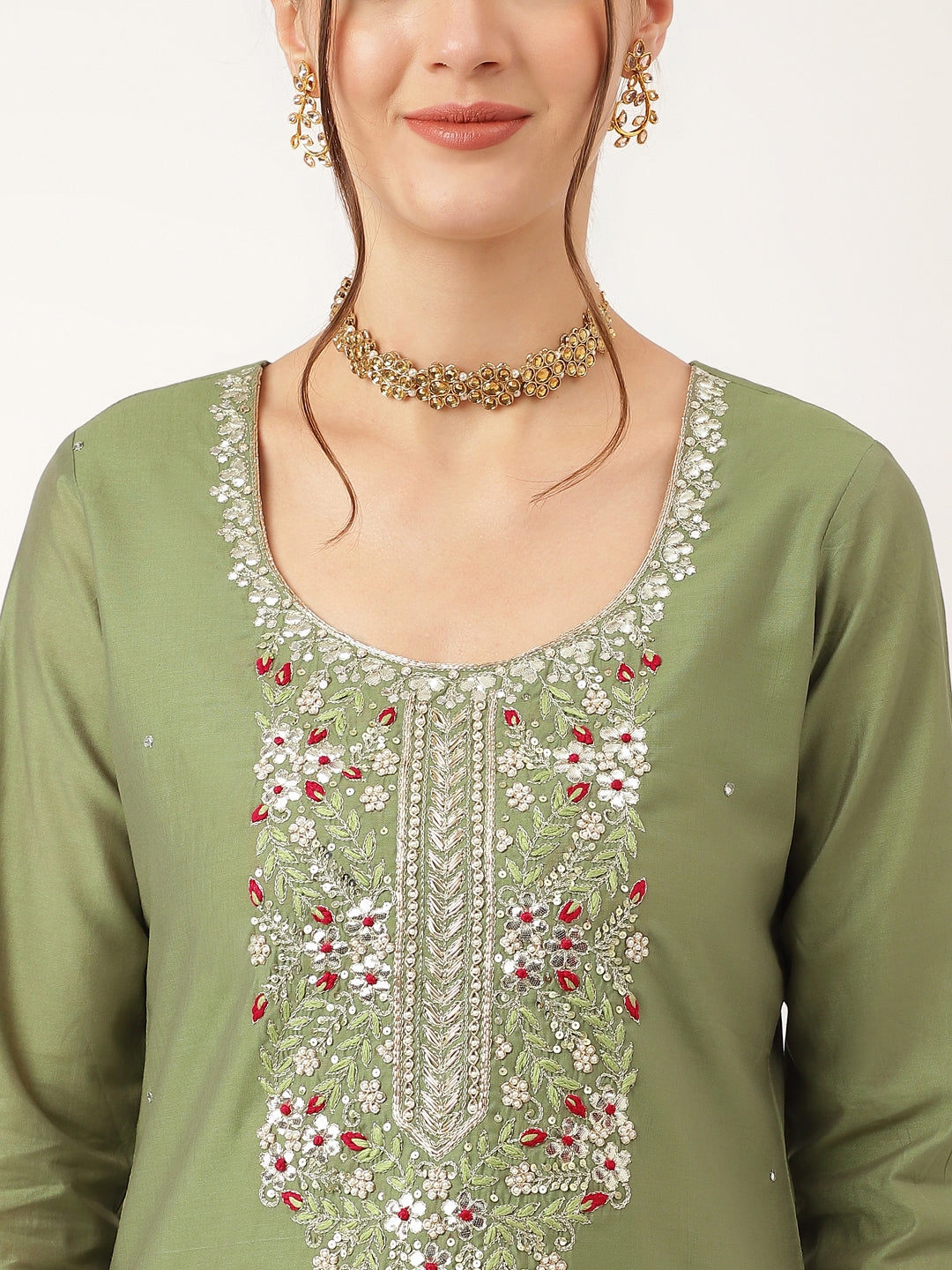 Green Embroidered  Chanderi  Kurta, Trouser With Dupatta