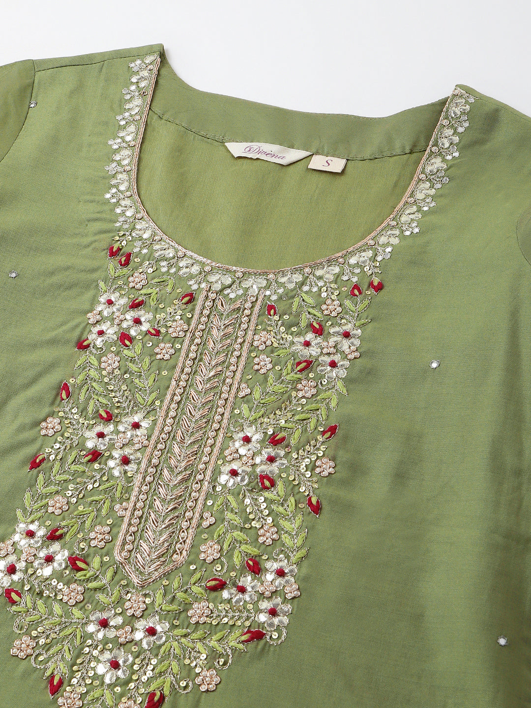 Green Embroidered  Chanderi  Kurta, Trouser With Dupatta