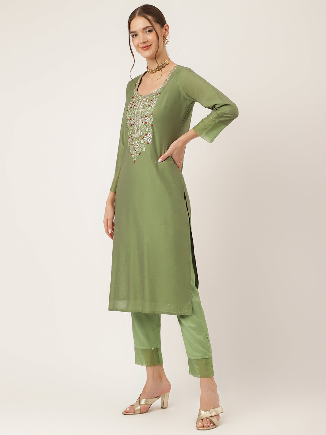 Green Embroidered  Chanderi  Kurta, Trouser With Dupatta