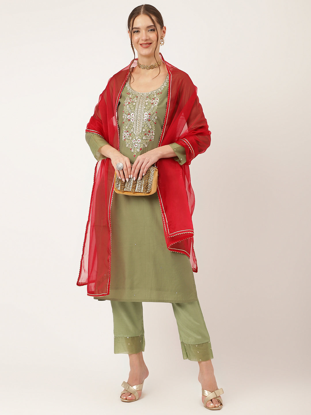 Green Embroidered  Chanderi  Kurta, Trouser With Dupatta