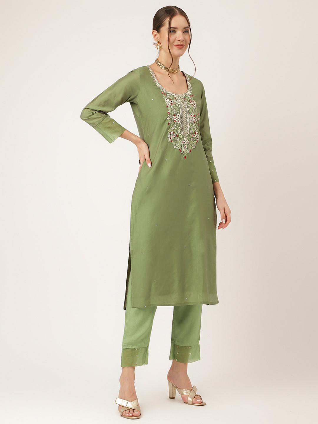 Green Embroidered  Chanderi  Kurta, Trouser With Dupatta