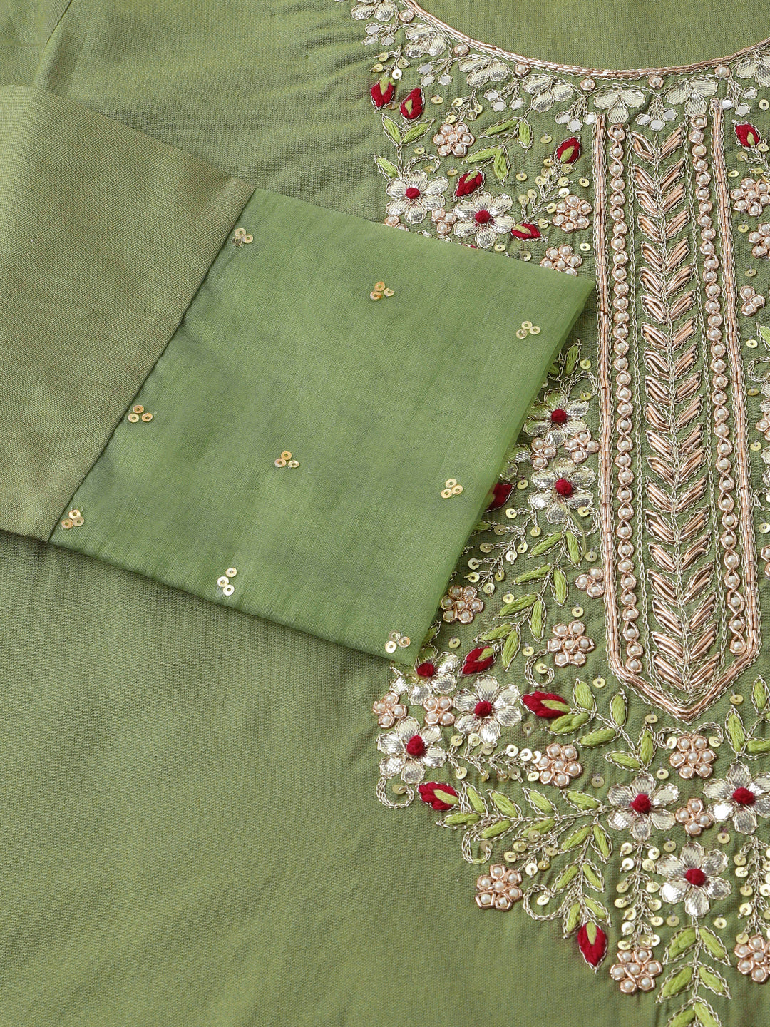 Green Embroidered  Chanderi  Kurta, Trouser With Dupatta