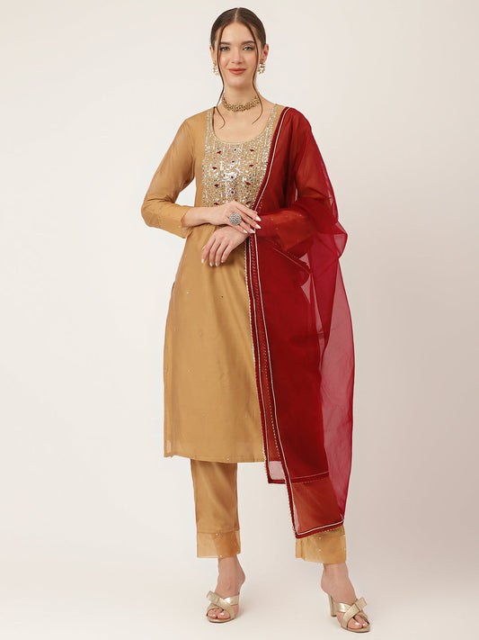 Brown Embroidered Chanderi  Kurta, Trouser With Dupatta