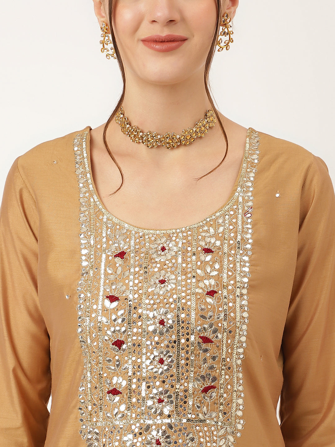 Brown Embroidered Chanderi  Kurta, Trouser With Dupatta