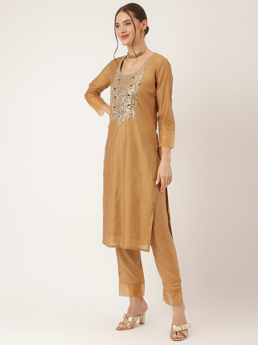 Brown Embroidered Chanderi  Kurta, Trouser With Dupatta