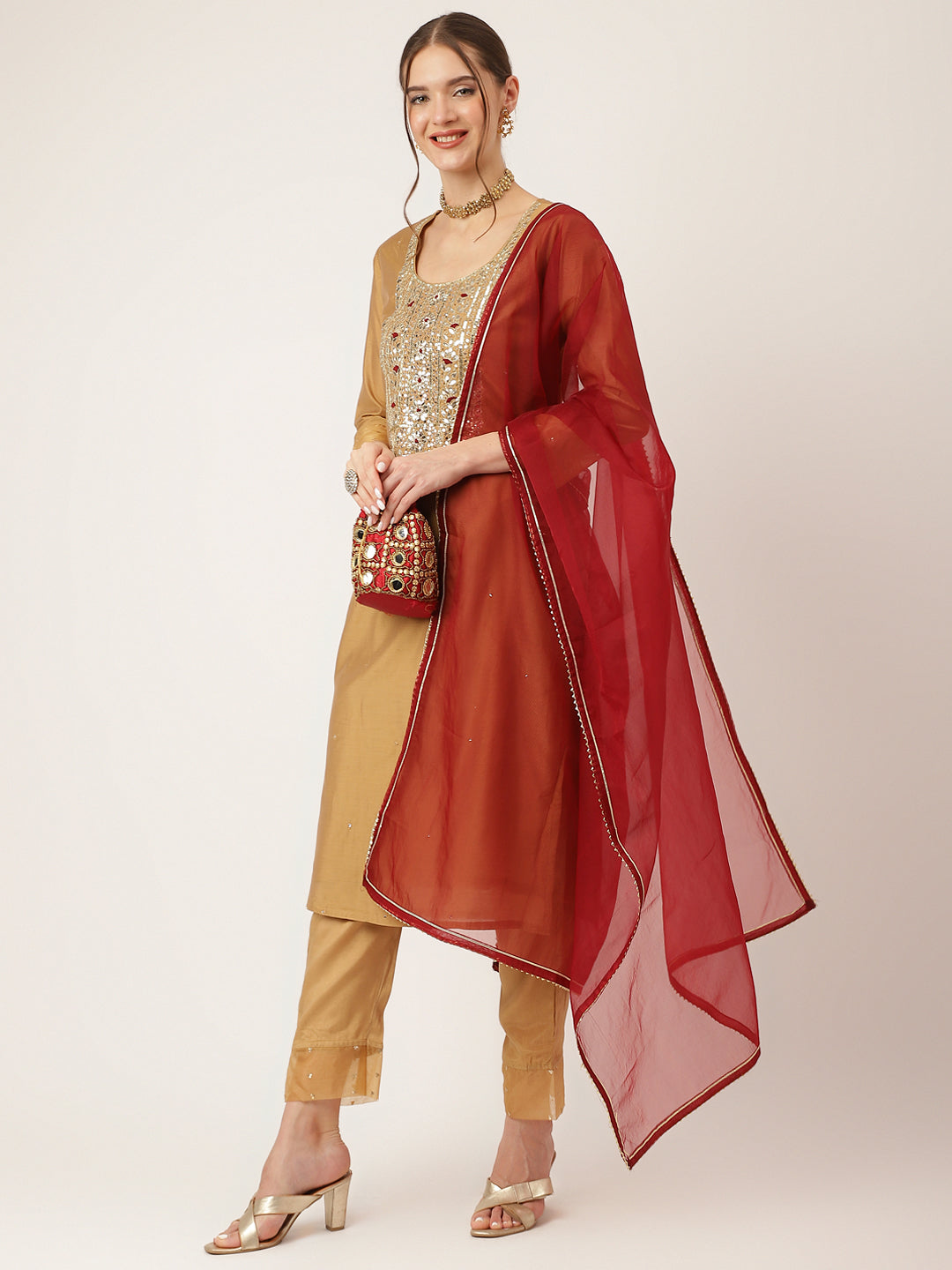 Brown Embroidered Chanderi  Kurta, Trouser With Dupatta