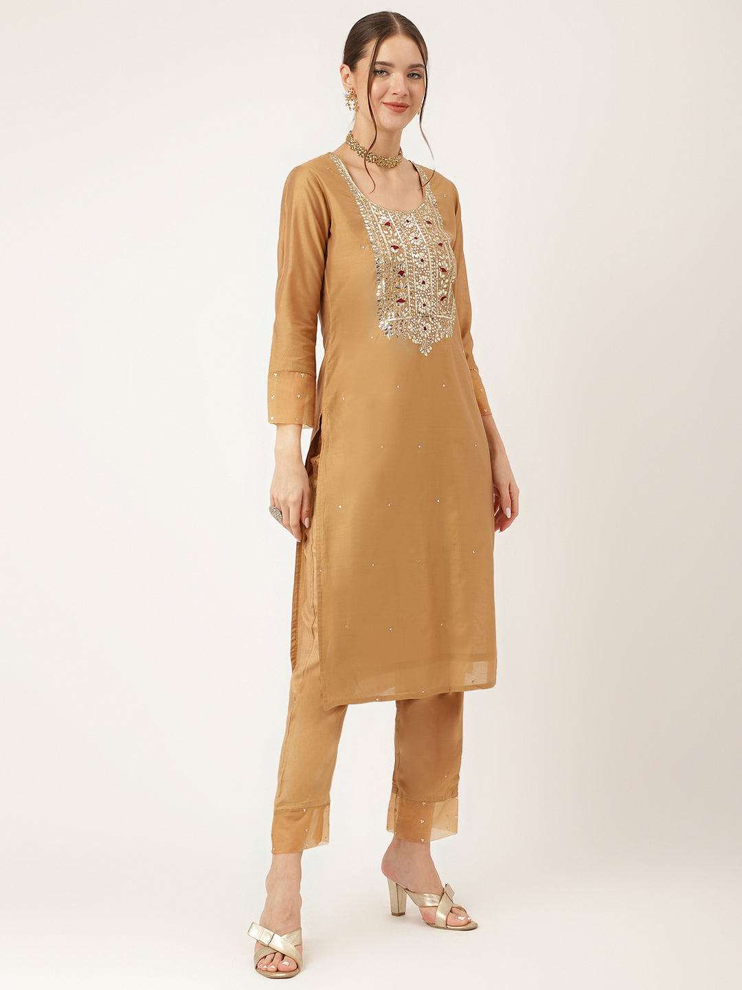 Brown Embroidered Chanderi  Kurta, Trouser With Dupatta