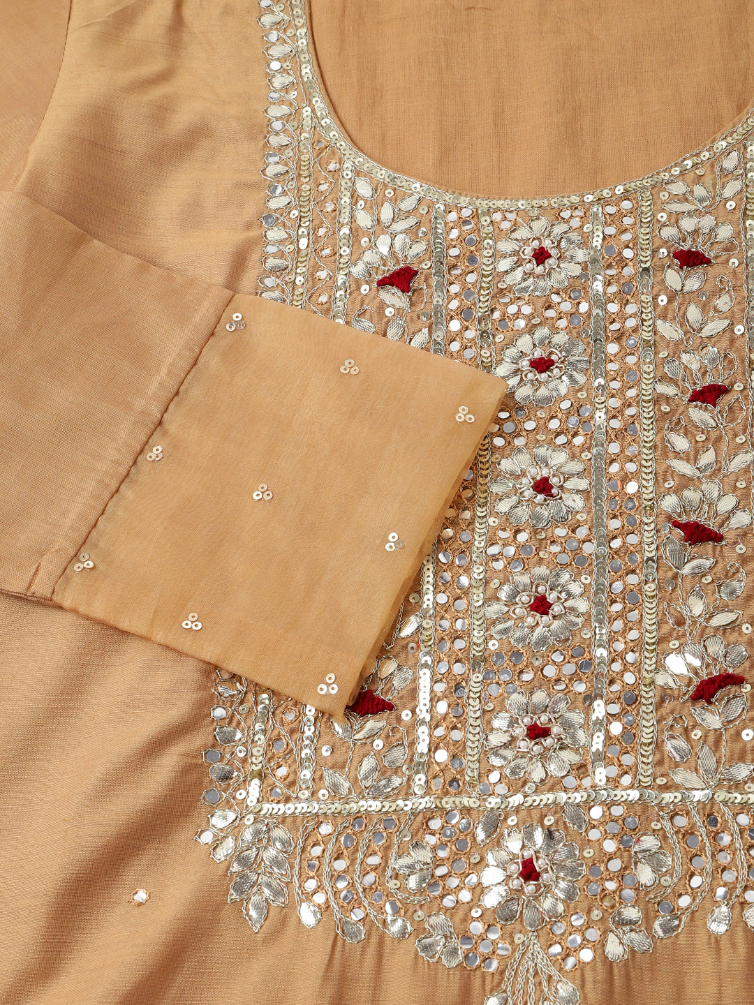 Brown Embroidered Chanderi  Kurta, Trouser With Dupatta