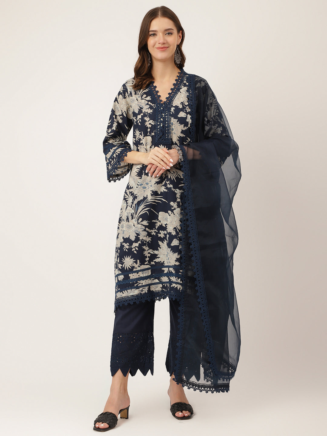 Navy Blue Floral Print Cotton Kurta, Trouser With Dupatta