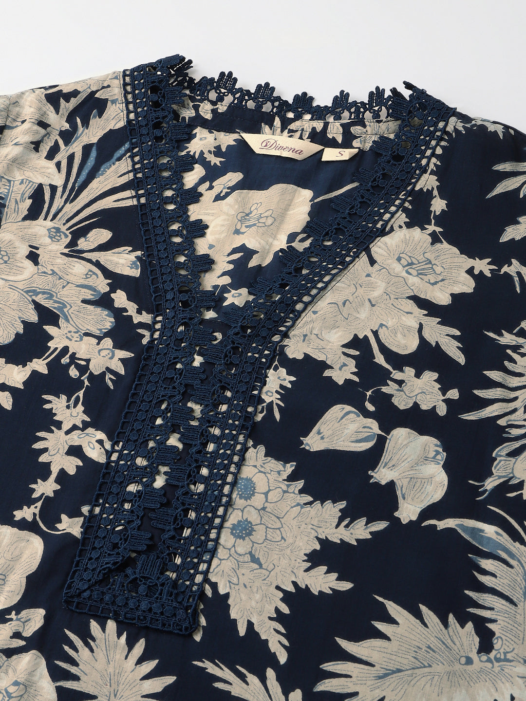 Navy Blue Floral Print Cotton Kurta, Trouser With Dupatta