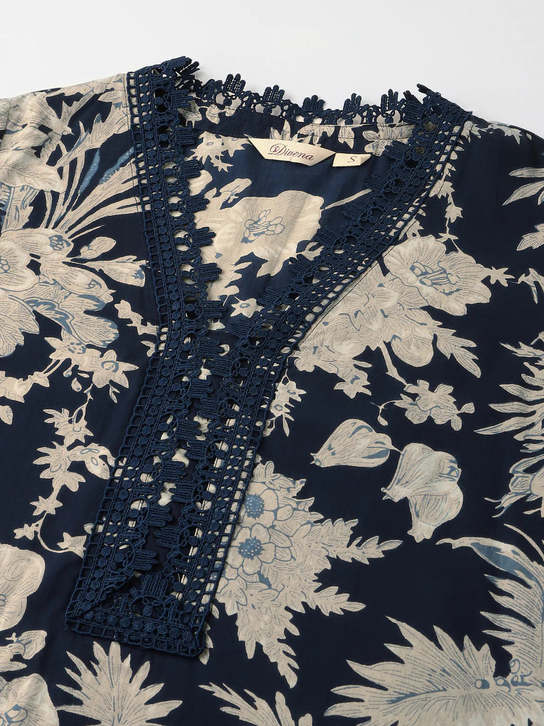 Navy Blue Floral Print Cotton Kurta With Dupatta