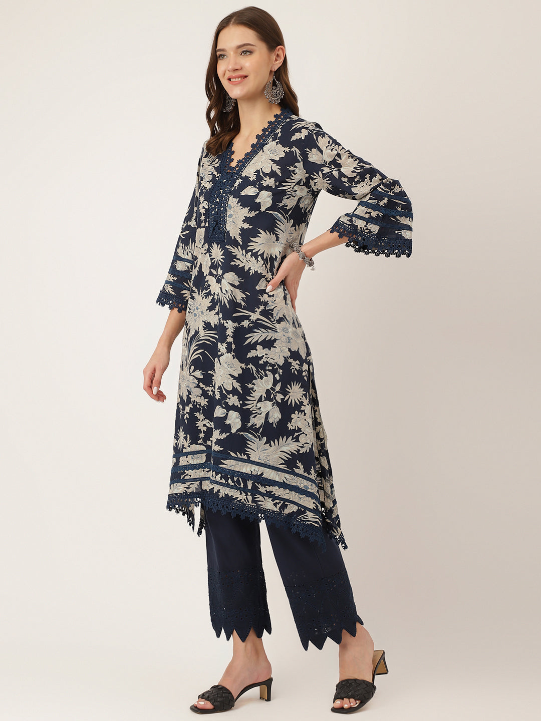 Navy Blue Floral Print Cotton Kurta, Trouser With Dupatta