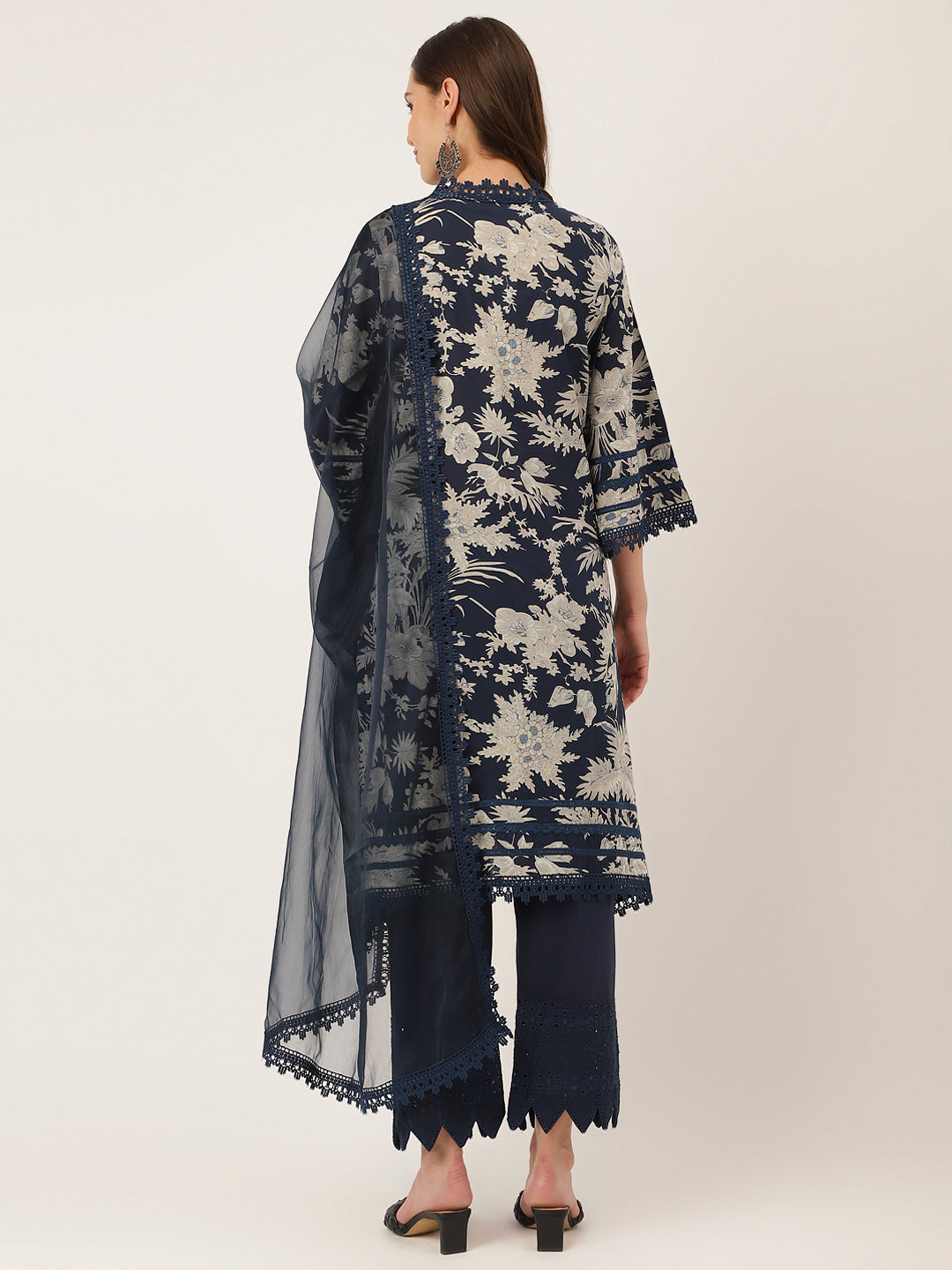 Navy Blue Floral Print Cotton Kurta, Trouser With Dupatta