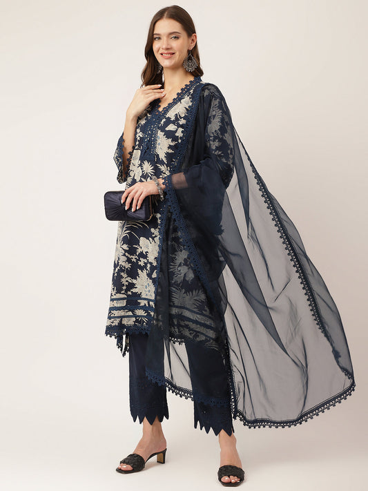 Navy Blue Floral Print Cotton Kurta, Trouser With Dupatta