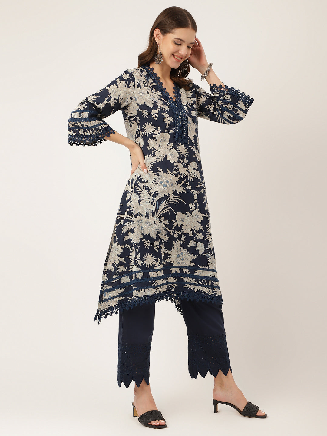 Navy Blue Floral Print Cotton Kurta, Trouser With Dupatta