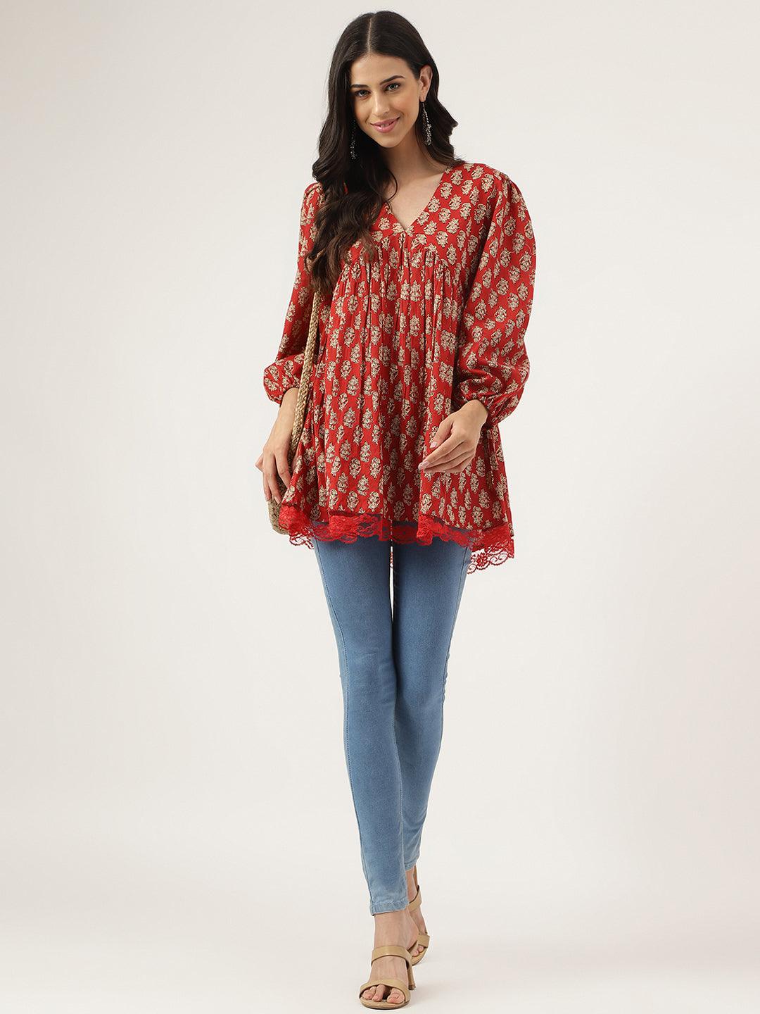 Divena Red Floral Cotton Pemplum Style Top - divena world-Mohi