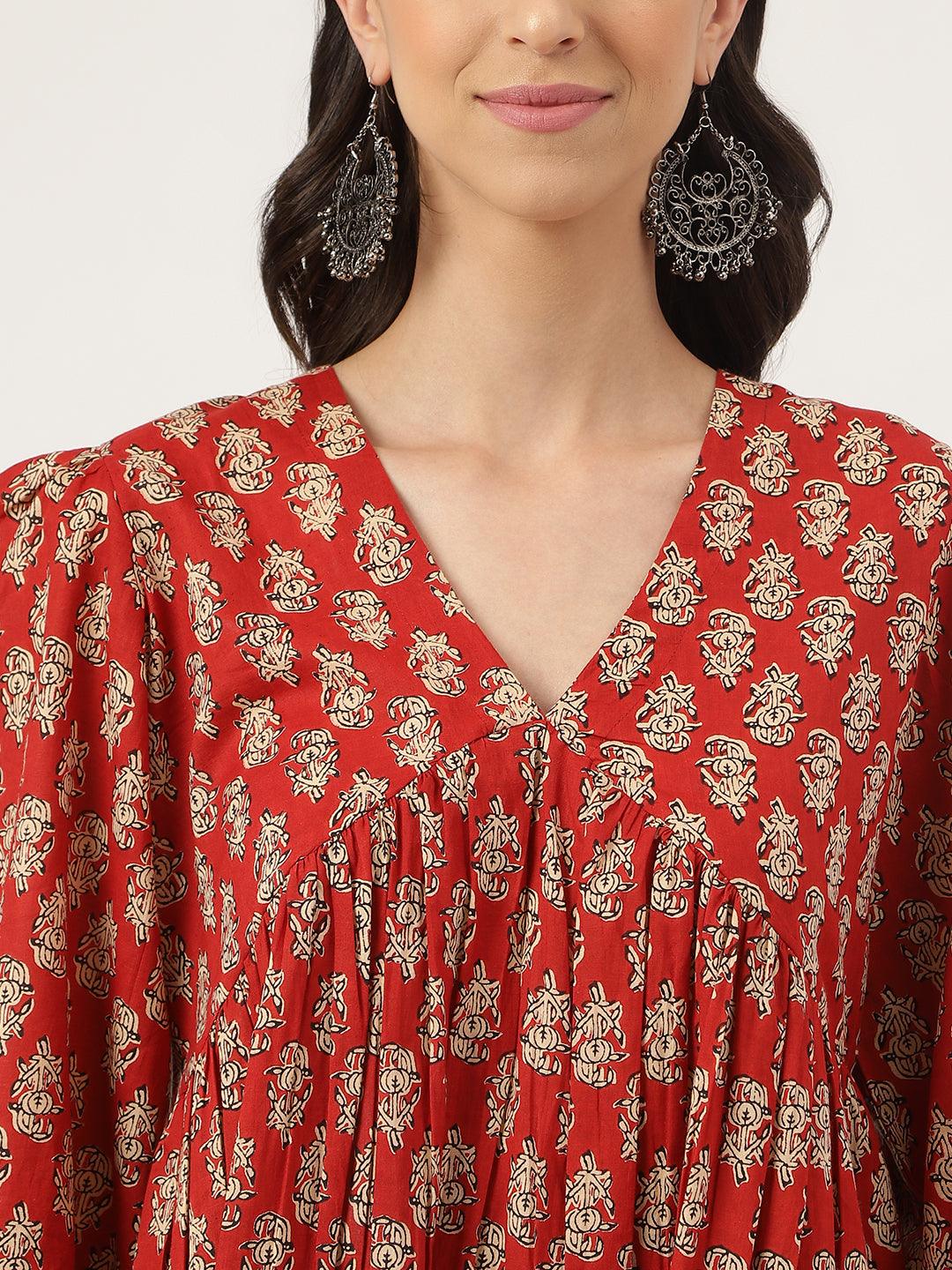 Divena Red Floral Cotton Pemplum Style Top - divena world-Mohi