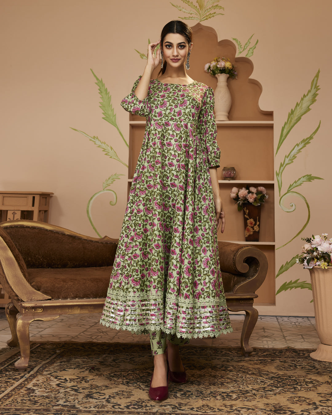 HandBlock Floral Printed Green Anarkali Cotton Kurta With Trousers