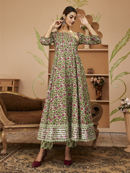 HandBlock Floral Printed Green Anarkali Cotton Kurta With Trousers