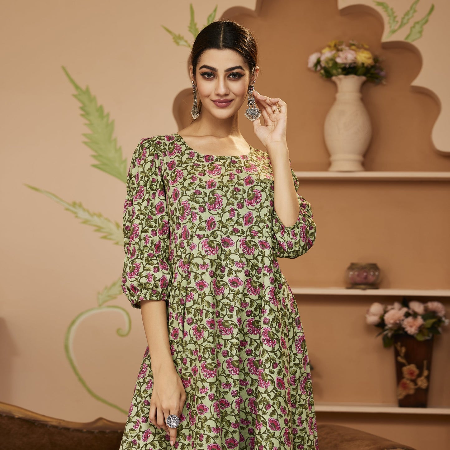 HandBlock Floral Printed Green Anarkali Cotton Kurta With Trousers