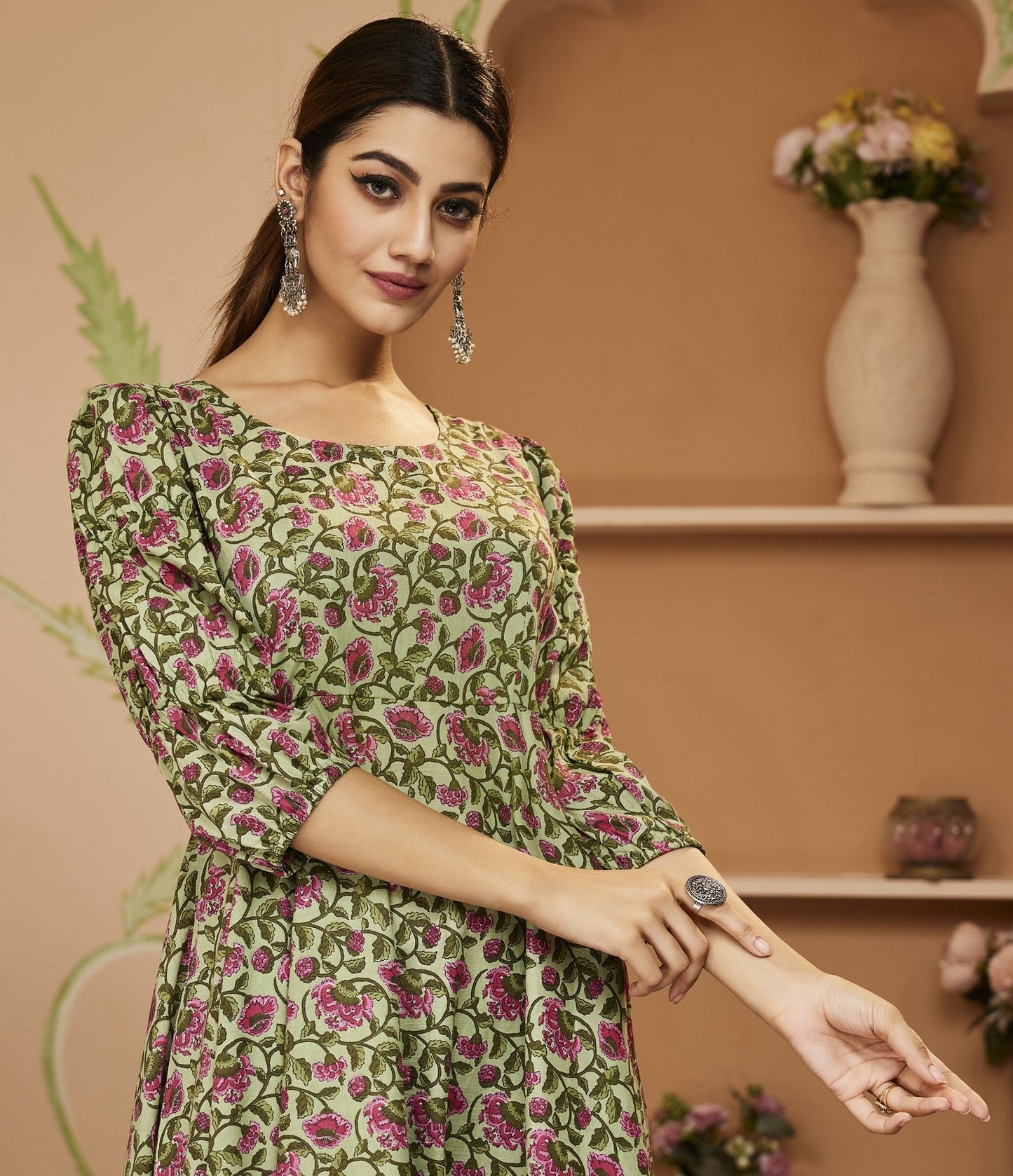 HandBlock Floral Printed Green Anarkali Cotton Kurta With Trousers