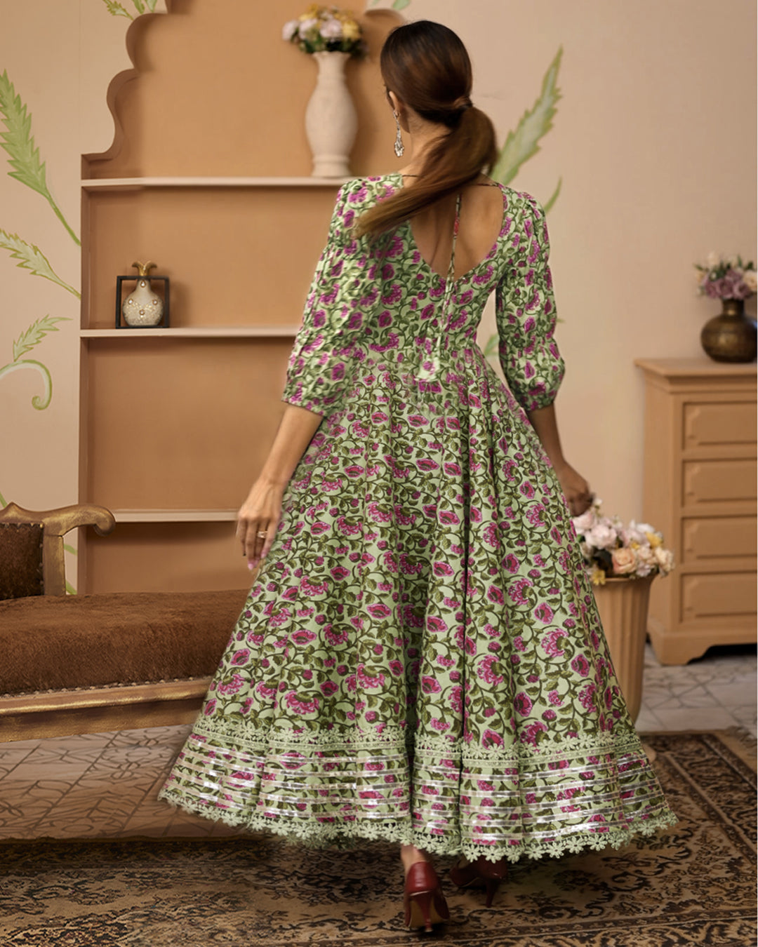 HandBlock Floral Printed Green Anarkali Cotton Kurta With Trousers