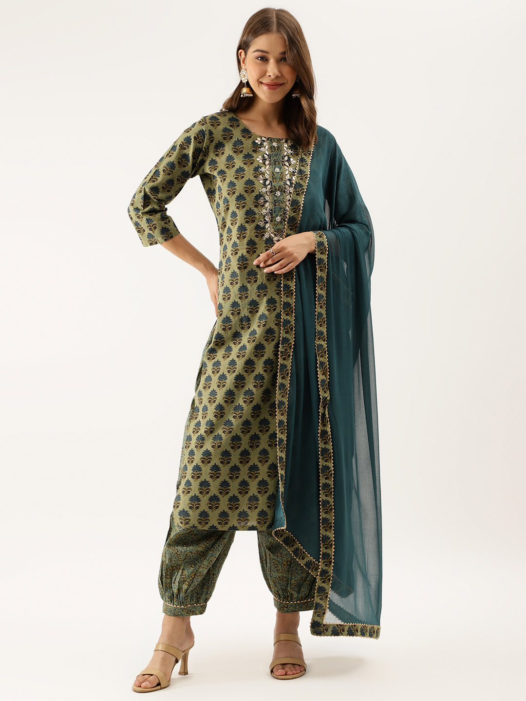 Green Floral Print Cotton Embroidered Kurta set with Dupatta